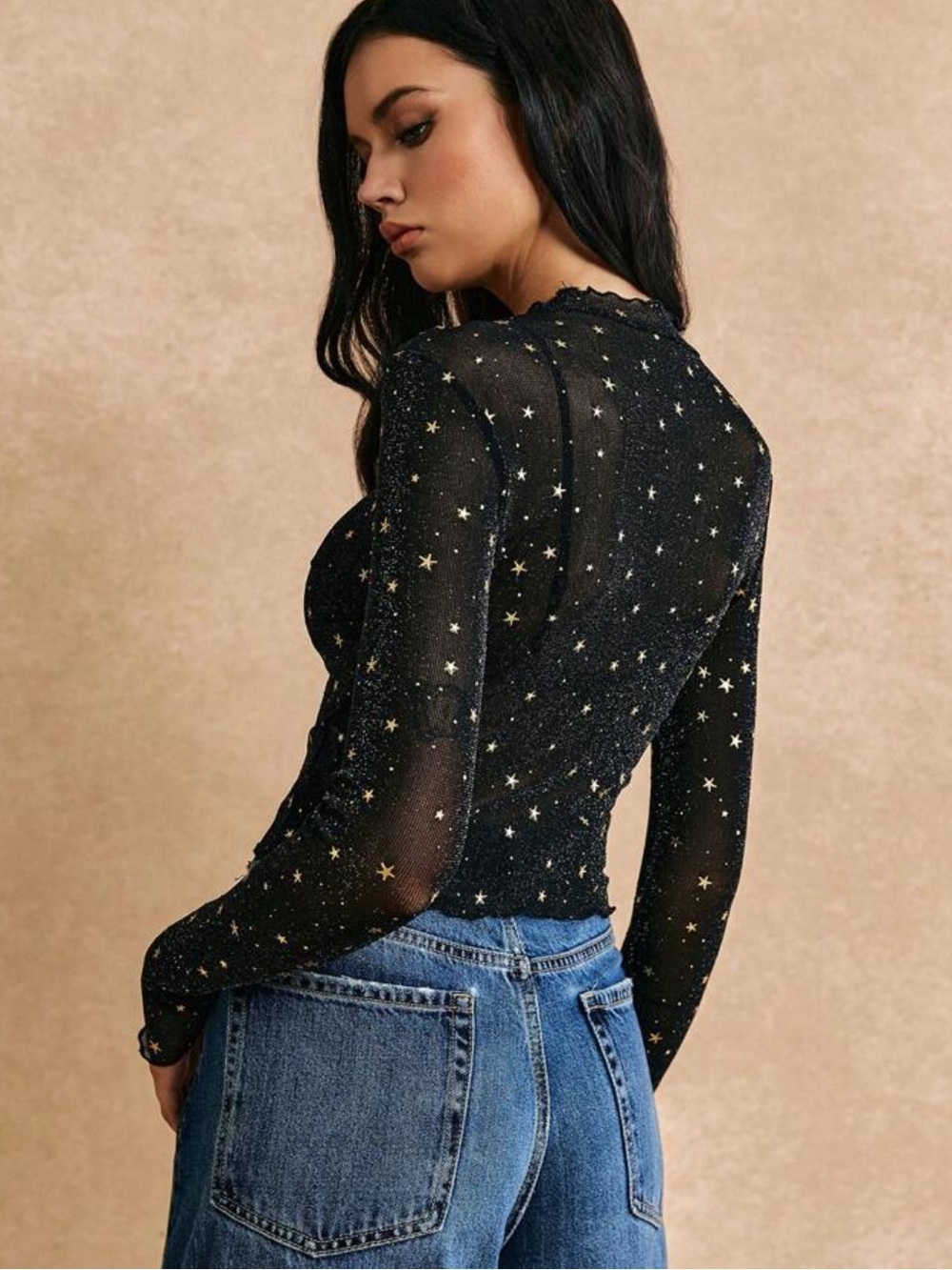 Star mesh shirt top cropped blouse sheer transparent black gold star sequins - Picture 12 of 13